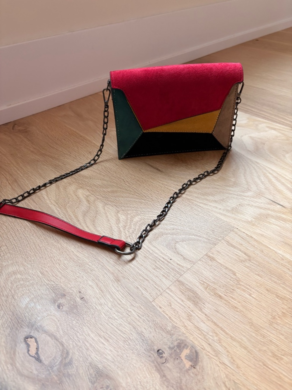Colorblock Suede Crossbody Bag in Red and Multi-Color